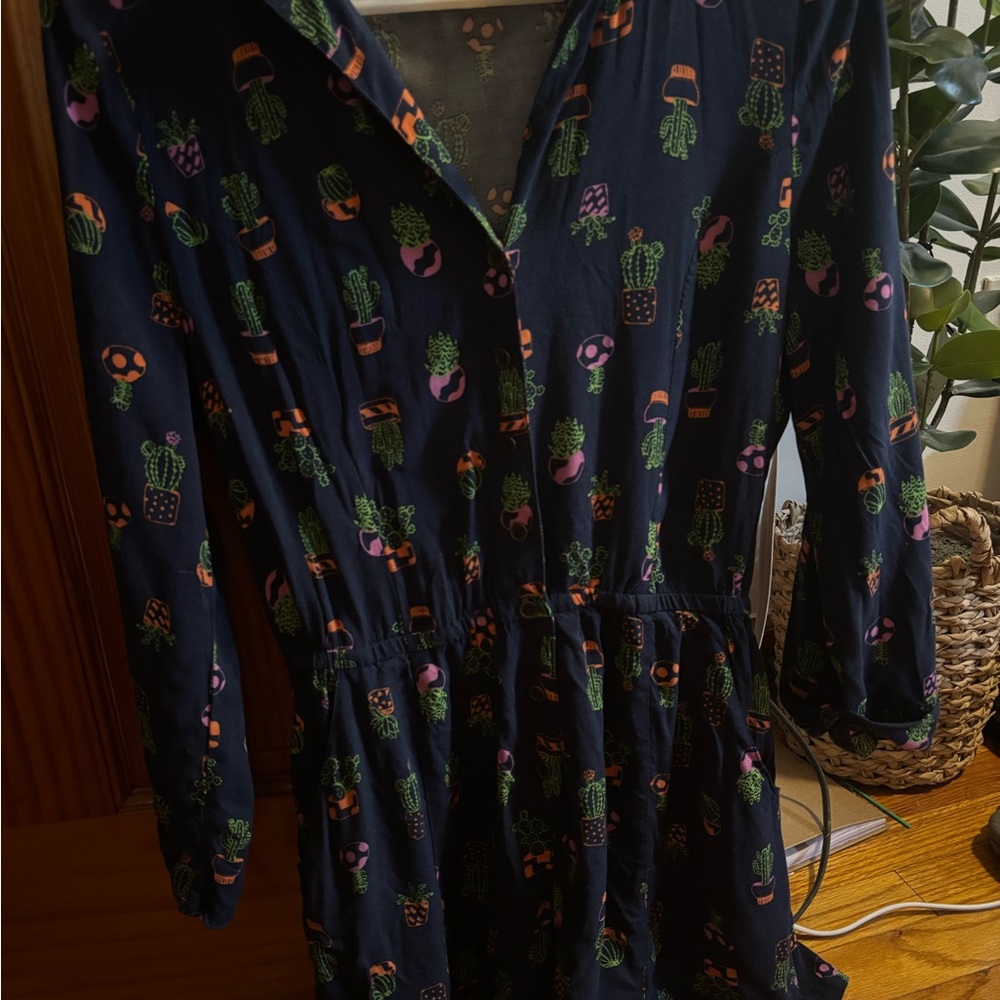 ModCloth Cactus Print Romper Button Down Collared with Long Sleeves